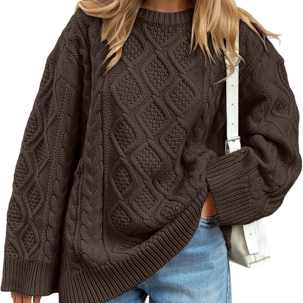 Oversized Cable Knit Crewneck Brown Sweater S